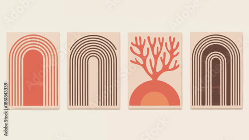 Vibrant abstract art prints with arches and coral design