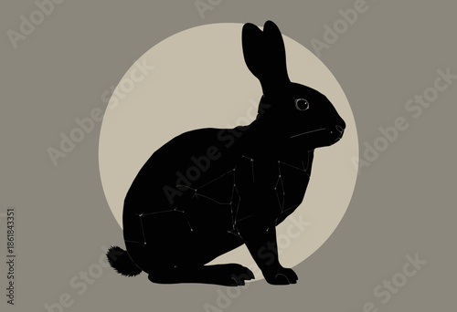 Intricate Geometric Black Rabbit Silhouette Against a Soft Circle Background Highlighting Delicate Line Patterns and Modern Artistry