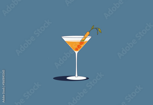 Illustration of a Martini Glass with Olive Garnish Against a Minimalistic Blue Background Emanating Modern and Sophisticated Vibes