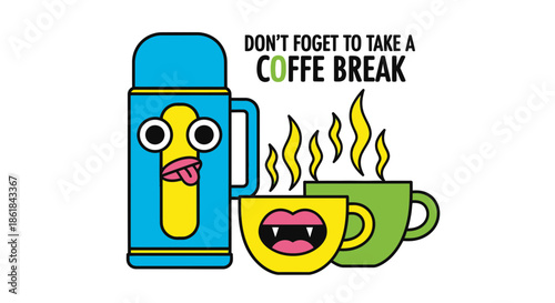 A cartoon thermos and two coffee cups with playful vampire faces