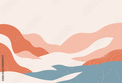 Colorful Abstract Landscape with Serene Flowing Lines and Harmonious Pastel Shades Depicting Artistic Curved Hills and Valleys in a Dreamlike Horizon