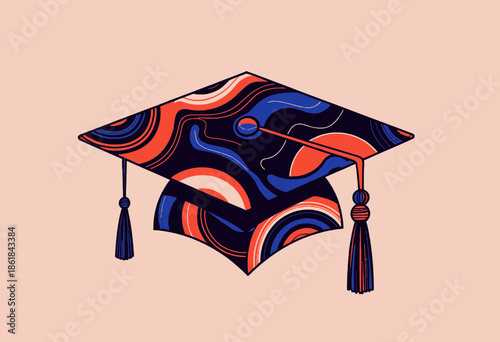 Vibrant Abstract Design of Graduation Cap with Multicolored Swirls and Patterns Celebrating Academic Achievement and Creativity