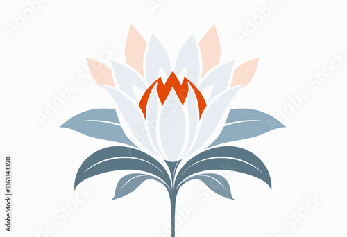 Minimalist Illustration of a Stylized White Lotus Flower with Red and Blue Accents and Simplified Leaf Patterns on a Clean White Background