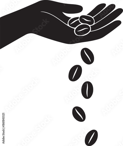 Beans falling freely from open hand, gravity motion silhouette