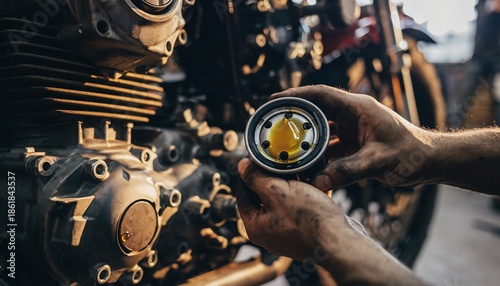 Close-up of a mechanic's hands holding a motorcycle oil filter with used oil, performing maintenance.