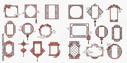 Set of traditional Asian frames with intricate patterns and decorative elements, ideal for cultural designs and celebrations.