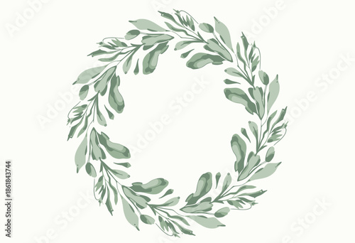 Beautifully Crafted Circular Wreath of Greenery Featuring Leafy Branches and Foliage Delicately Arranged in a Symmetrical Design on a Light Background