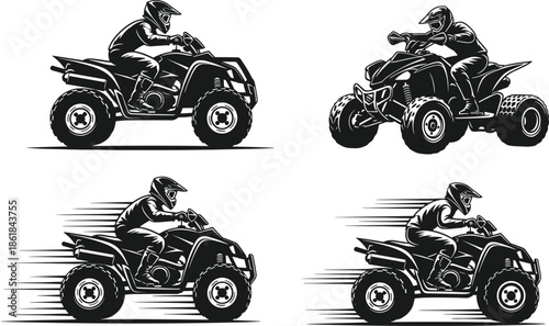 ATV quad bike rider silhouette set showing off-road racing action, speed motion effects, extreme motorsport adventure illustration