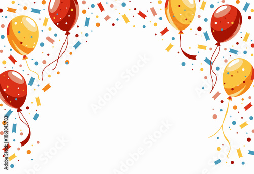 Colorful Balloon and Confetti Frame Celebrating Festive Occasions with Decorative Elements on a White Background