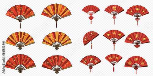Set of traditional Chinese folding fans with decorative patterns and tassels, cultural symbols.