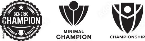 Champion logo and award emblem vector set with trophy and shield symbols, minimalist black and white championship design