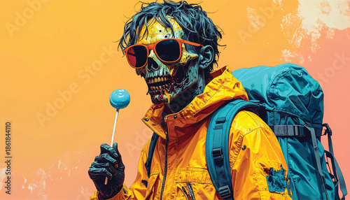 Zombie Hiker with Lollipop - A Colorful and Surreal Portrait.