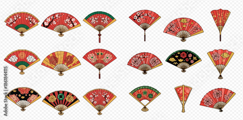 Set of traditional Japanese and Chinese folding fans with various patterns and ornaments.