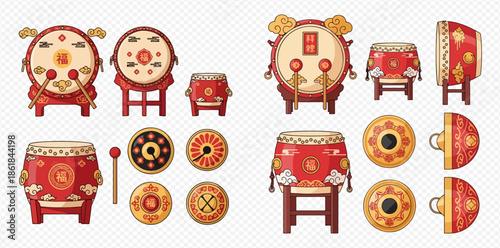 Set of traditional Chinese drums and gongs for cultural celebrations and festive events.