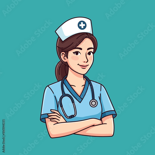 Female Nurse Cartoon Character with Stethoscope.