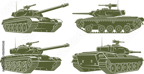 Military tank vector illustration set showing armored combat vehicles from multiple angles, detailed army warfare design isolated on white background