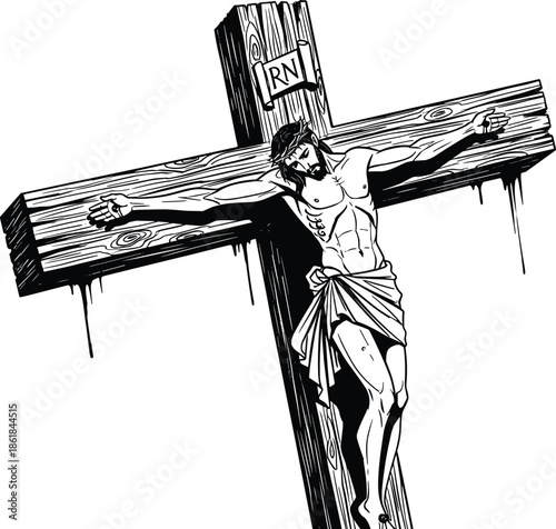 Black and white crucifixion illustration of Jesus Christ on wooden cross, detailed religious engraving symbolizing Christian faith sacrifice and redemption