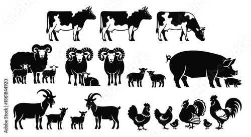 A collection of various farm animal silhouettes on a beige background