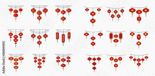 Set of various red Chinese lanterns for festive decoration, isolated on transparent background, symbolizing good fortune and celebration.