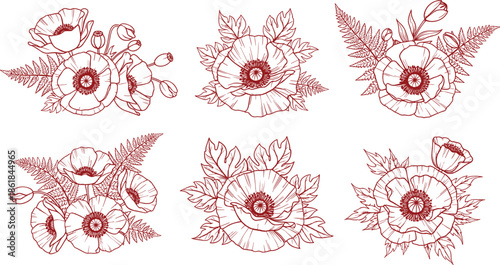 Hand drawn red floral line art set with poppy flowers and leaves, elegant botanical illustration collection isolated on white background