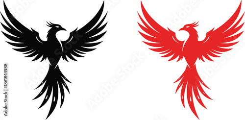 Black and red phoenix bird silhouette vector illustration with spread wings symbolizing rebirth power freedom and mythical fire spirit