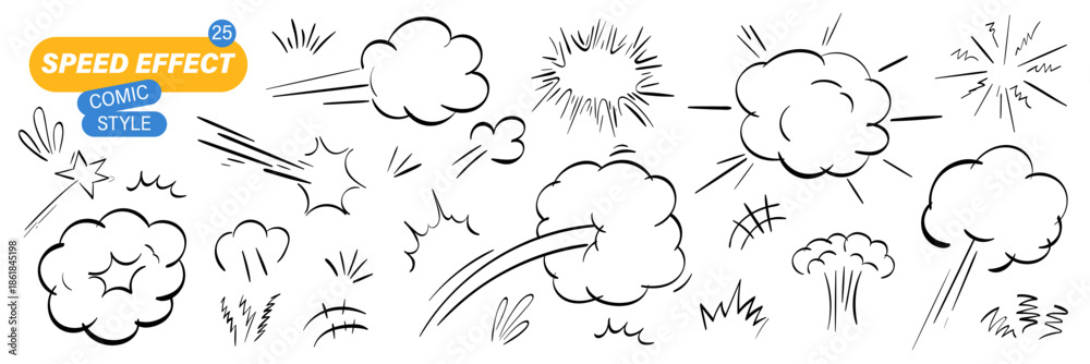Fototapeta premium Cartoon comic attack effect with superhero boom explosion and puff impact. Action speed lines and dynamic doodle vector art for vibrant scenes or motion graphics.