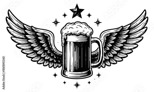 Hand drawn line art illustration of a winged beer mug depicting a star for a pub or brewery emblem