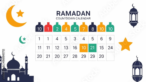 Ramadan Countdown Calendar with Islamic Symbols and Decorations.