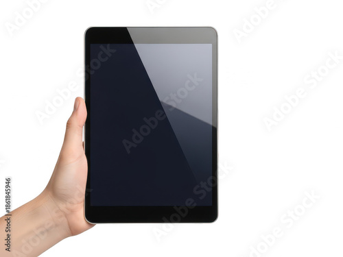 Hand holding black tablet device isolated on transparent background