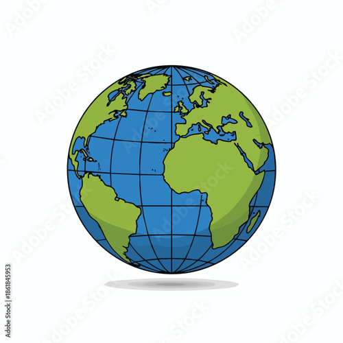 Illustrated cartoon globe showing continents with gridlines