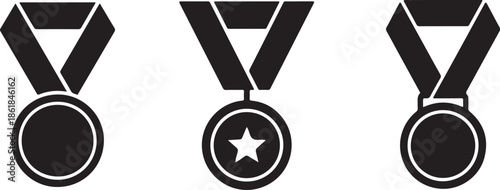 Medal award icon set vector with hanging ribbons and star symbol, minimalist black and white achievement design