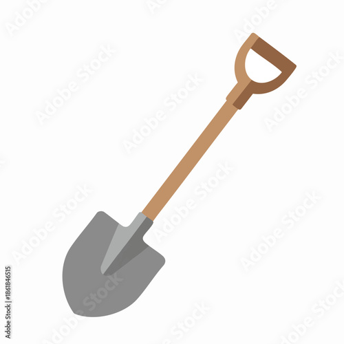 A shovel with a brown handle and a grey, rounded blade on a white background