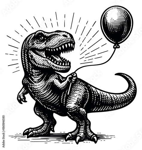 Engraved line art illustration of a Tyrannosaurus Rex depicting a dinosaur holding a balloon for a celebration