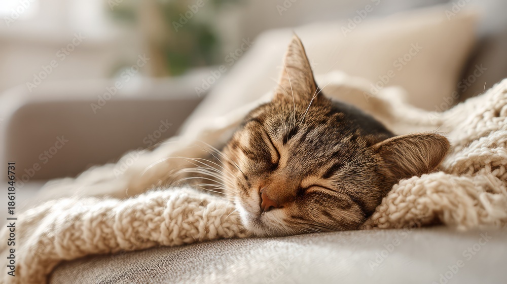 Fototapeta premium Tabby cat sleeping peacefully on cozy knitted blanket