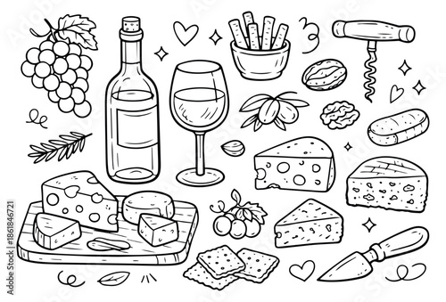 Hand drawn line art wine and cheese set featuring a bottle, glass, grapes, various cheeses, crackers, and nuts for a party