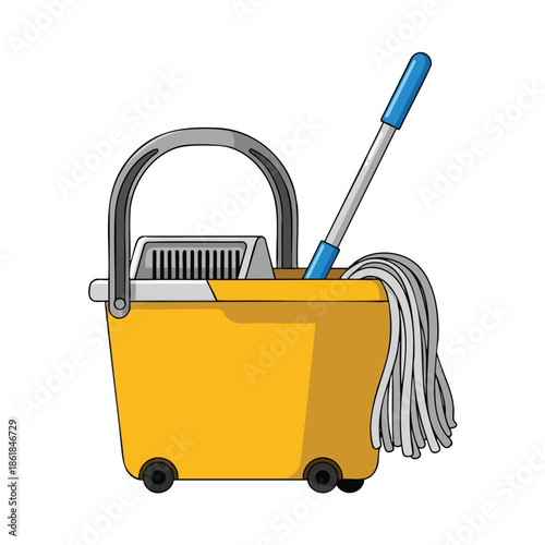 Cartoon depiction of a yellow cleaning bucket with a mop inside, on a white background