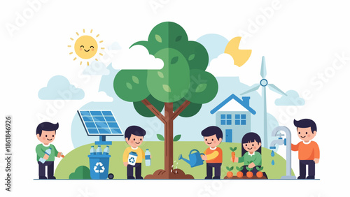 Children Planting Tree with Renewable Energy.