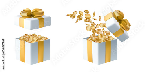 Gift box full of money, golden 3d coin award floating. Rich present concept, cash bonus vector. Win lottery jackpot. Invest fund, get profit of bank percent. Deposit income, finance investment revenue