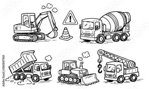Hand drawn line art construction vehicles set featuring heavy machinery and road signs for building and roadworks projects