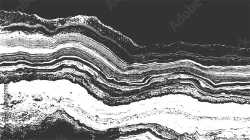 Black and white abstract textured layers resembling geological strata or sediment deposits pattern