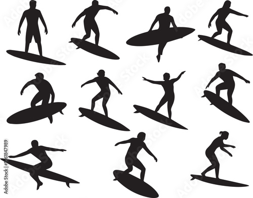 Collection of dynamic surfing silhouettes capturing the thrill of ocean waves and athleticism