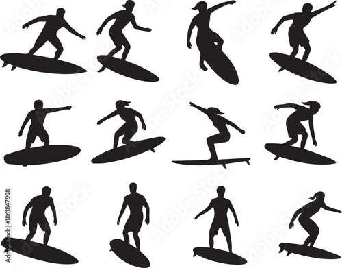 Collection of dynamic surfing silhouettes capturing the thrill of ocean waves and athleticism