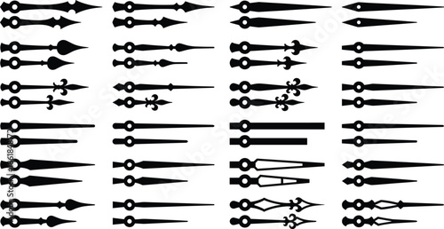 Stylized grid of assorted clock hand pairs showcasing varied hour and minute hand designs for analog timepieces