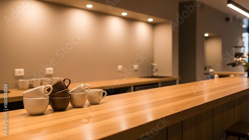 Modern coffee bar interior featuring wooden counter, ceramic cups, and warm ambient lighting. Stylish cafe atmosphere ideal for coffee culture and hospitality concepts.