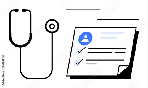 Stethoscope next to a document with checkmarks and a user profile, emphasizing healthcare. Ideal for health monitoring, diagnosis, patient records, medical services, wellness management, clinical