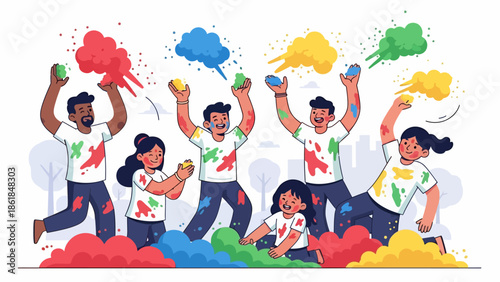 Group of People Celebrating with Colored Powder.