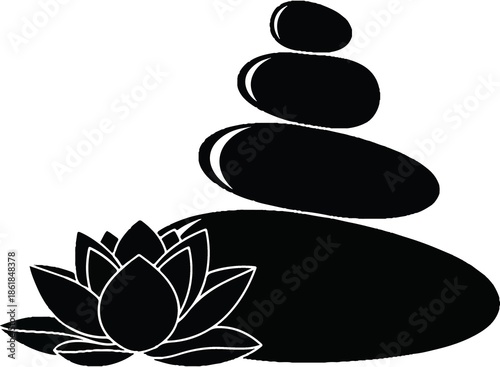 Black and white silhouette illustration of a stacked pebble cairn next to a blooming lotus flower, representing Zen, meditation, spiritual balance, and holistic wellness.