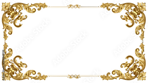 An ornate golden frame with intricate designs on a white background viewed from the front