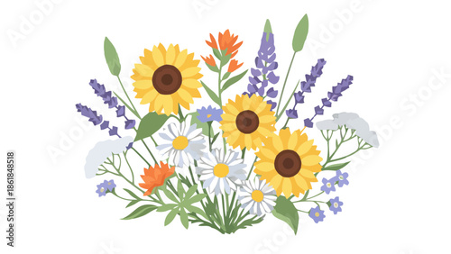 Colorful floral arrangement featuring sunflowers, daisies, and lavender in a vibrant bouquet from a direct overhead view