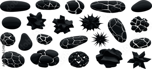 Collection of various black stones and spiky objects on a white background